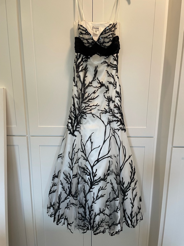 Jovani White Black Sequined Strapless Fit And Flare Prom Gown